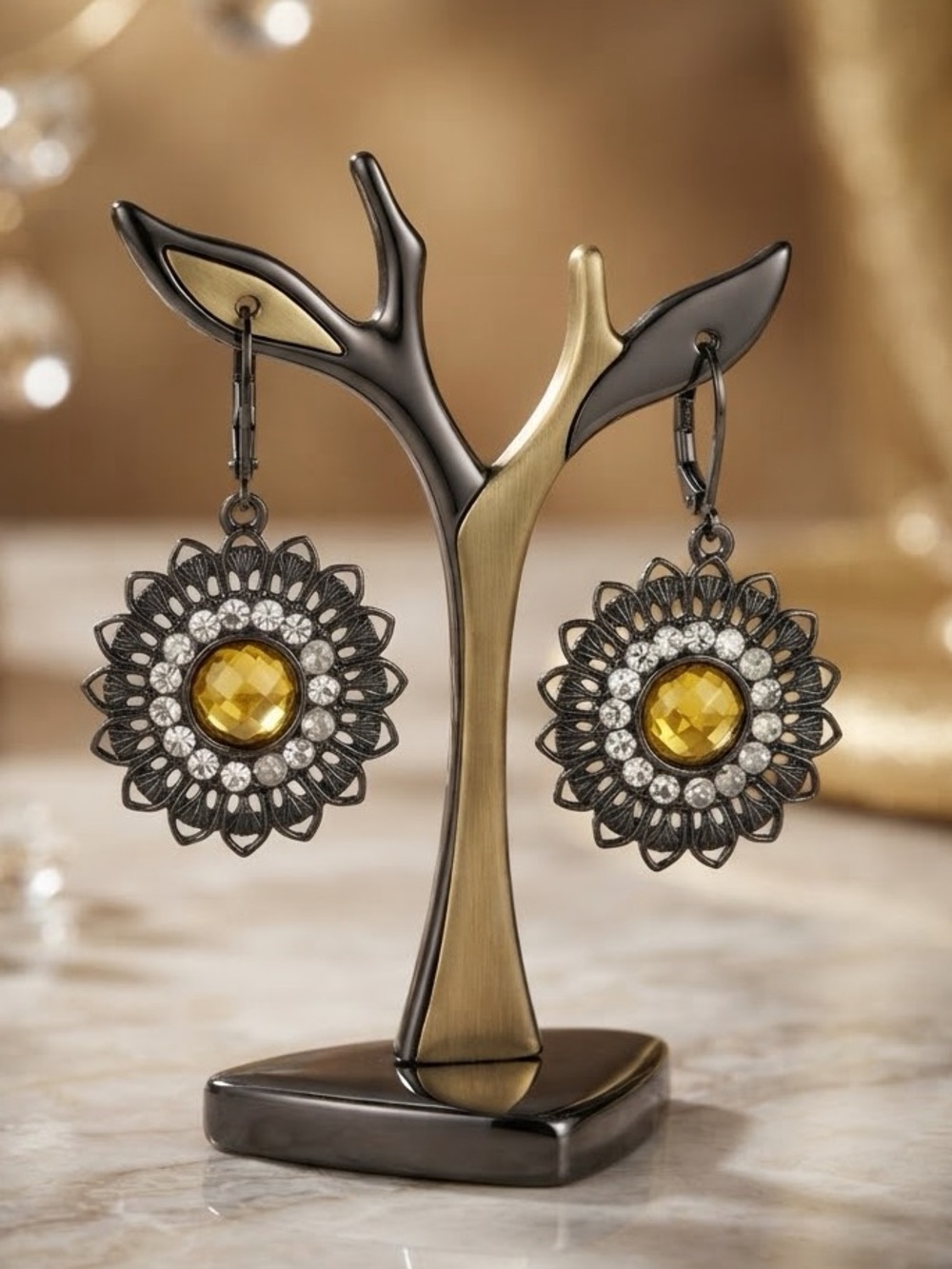 Sunflower Dangle Earrings | Yellow Crystal & Rhinestone